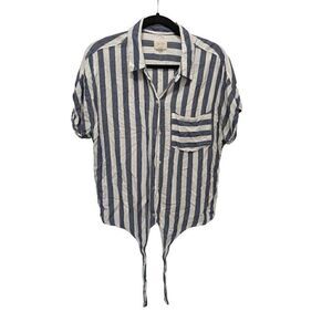 id:23 by Sneak Peek Front Tie Short Sleeves with Front Pocket Button Down Stripp